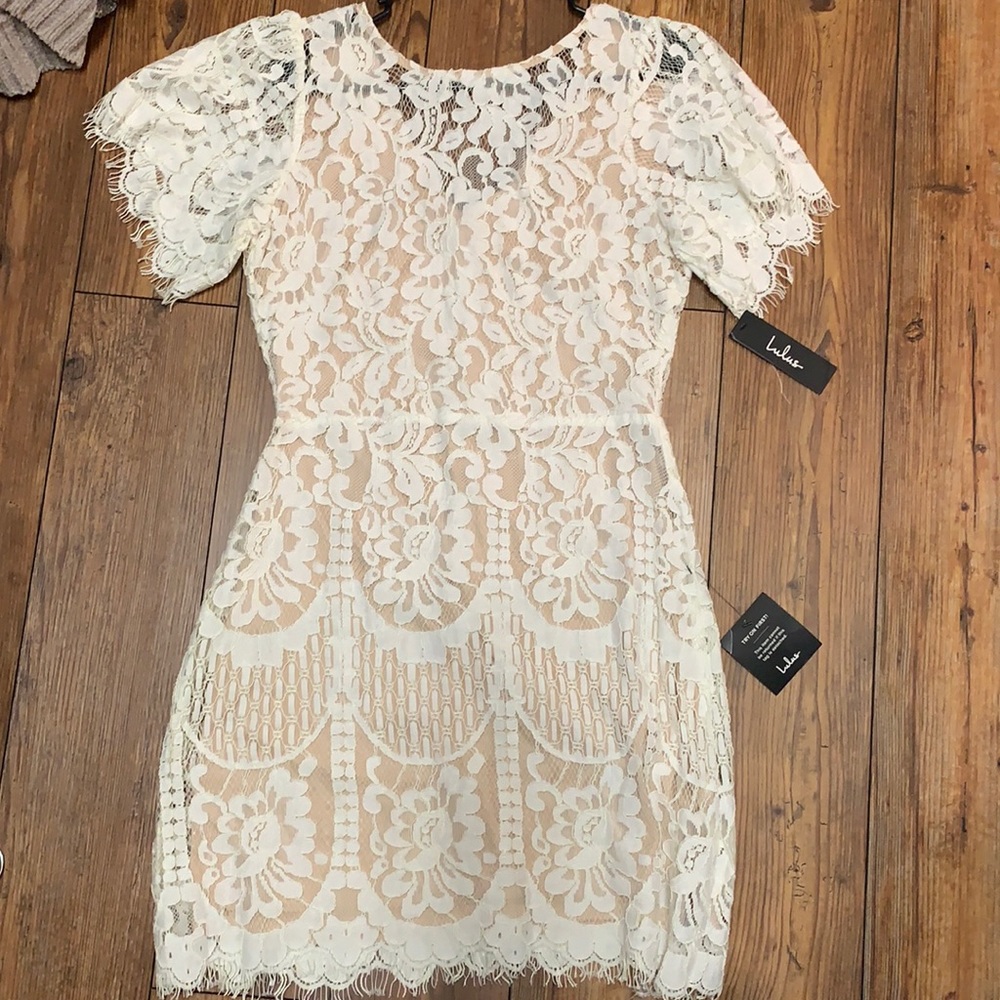 Lulus dress, white lace with nude underlay